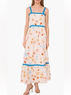 CeCe Sleeveless Linen Blend Tiered Maxi Sundress, Nautical Beach Print, Size XS